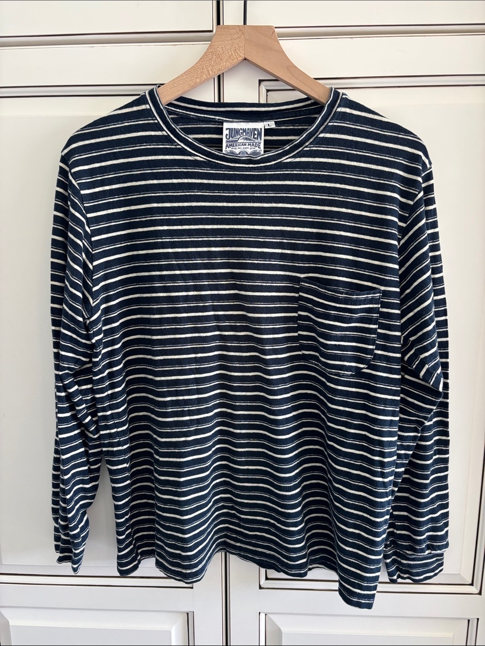 Jungmaven Hemp Organic Cotton Blue Striped Long Sleeve TShirt Beach Womens Large